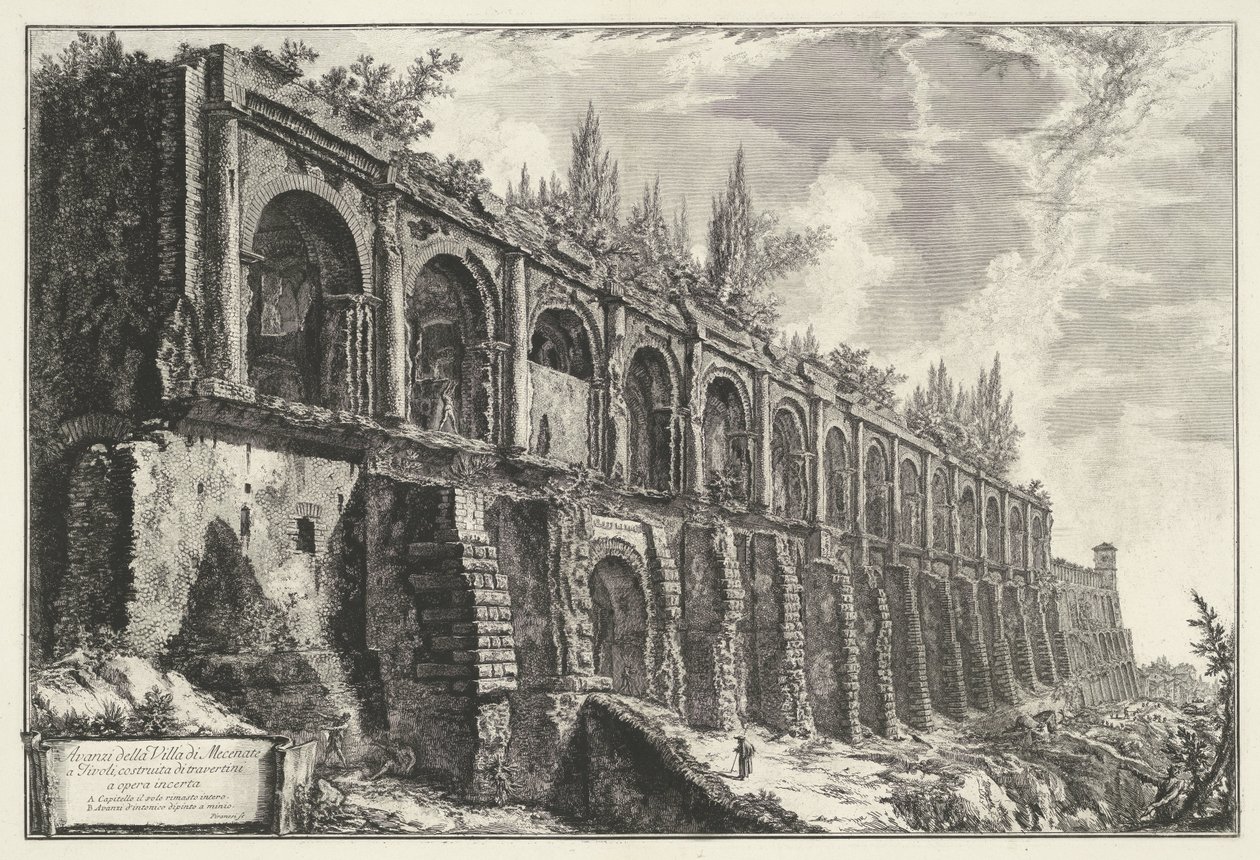 تمبل فان هرقل فيكتور تي تيفولي بقايا Villa di Maecenas في تيفولي ، مبنية من الحجر الجيري في opus incertum (العنوان على الكائن) Gezichten op Rome (عنوان المسلسل) مناظر لروما رسمها ونقشها المهندس المعماري جيامباتيستا بيرانيزي Ve (nez) iano ( بواسطة جيوفاني باتيستا بيرانيسي