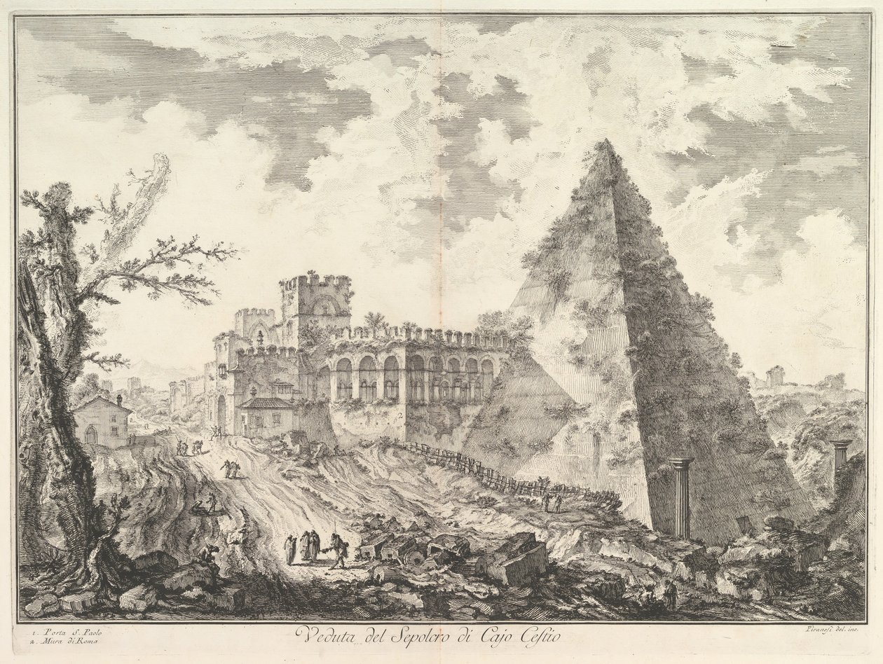 هرم Caius Cestius ، مع Porta S. Paolo والطريق المجاور Veduta del S ... ، كاليفورنيا. 1755. بواسطة جيوفاني باتيستا بيرانيسي