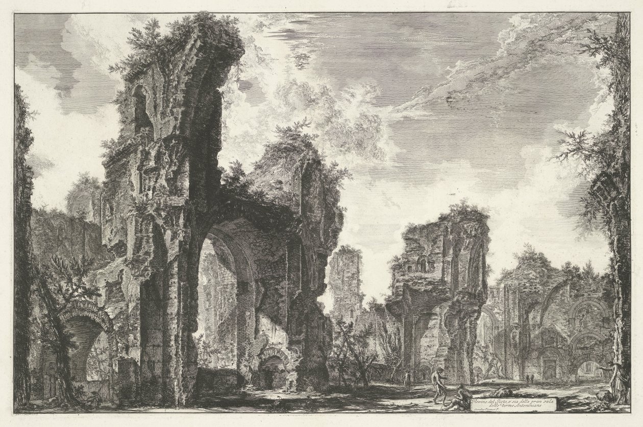 Thermen van Caracalla te Rome أطلال سيستو ، أو كلاهما من القاعة الكبرى للحمامات الأنطونية (العنوان على الكائن) Gezichten op Rome (عنوان المسلسل) مناظر لروما رسمها ونقشها المهندس المعماري جيامباتيستا بيرانيزي Ve (nez) iano (عنوان السلسلة) بواسطة جيوفاني باتيستا بيرانيسي