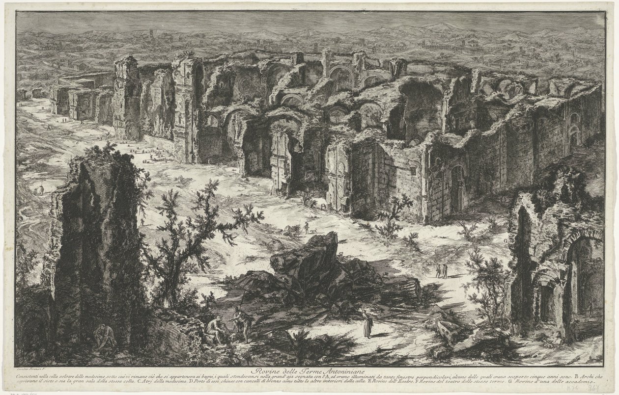 Thermen van Caracalla te Rome أنقاض الحمامات الأنطونية (العنوان على القطعة) Gezichten op Rome (عنوان المسلسل) مناظر لروما رسمها ونقشها المهندس المعماري جيامباتيستا بيرانيزي Ve (nez) iano (عنوان السلسلة) بواسطة جيوفاني باتيستا بيرانيسي