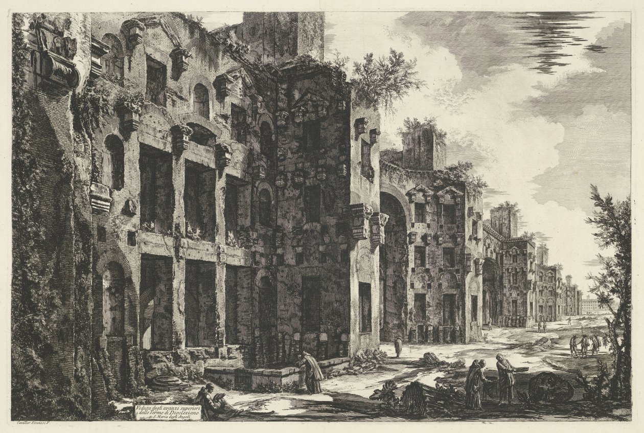 Thermen van Diocletianus te Rome منظر للبقايا العليا من حمامات دقلديانوس في S. Maria degli Angeli (العنوان على الكائن) Gezichten op Rome (عنوان السلسلة) مناظر لروما مرسومة ونقشة بواسطة المهندس المعماري Giambattista Piranesi Ve (nez) iano (seri) بواسطة جيوفاني باتيستا بيرانيسي