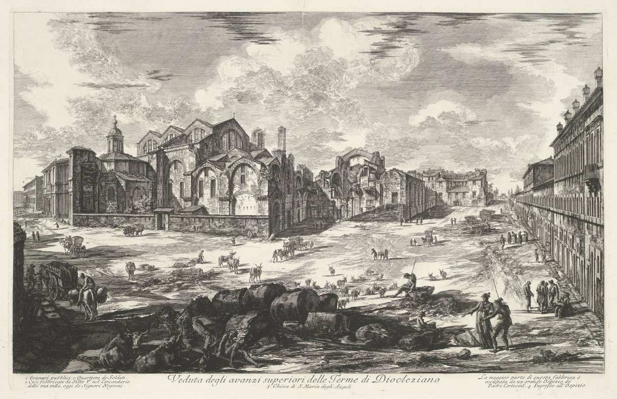 Thermen van Diocletianus te Rome منظر لبقايا حمامات دقلاتيان (العنوان على الجسم) Gezichten op Rome (عنوان المسلسل) مناظر لروما رسمها ونقشها المهندس المعماري جيامباتيستا بيرانيزي Ve (nez) iano (عنوان السلسلة) بواسطة جيوفاني باتيستا بيرانيسي