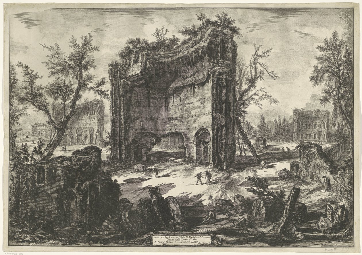 Thermen van Trajanus te Rome منظر لبقايا المصانع في الطابق الثاني من حمامات تيتوس (عنوان على القطعة) Gezichten op Rome (عنوان السلسلة) مناظر لروما رسمها ونقشها جيامباتيستا بيرانيزي، المهندس المعماري Ve(nez)iano ( عنوان المسلسل) بواسطة جيوفاني باتيستا بيرانيسي