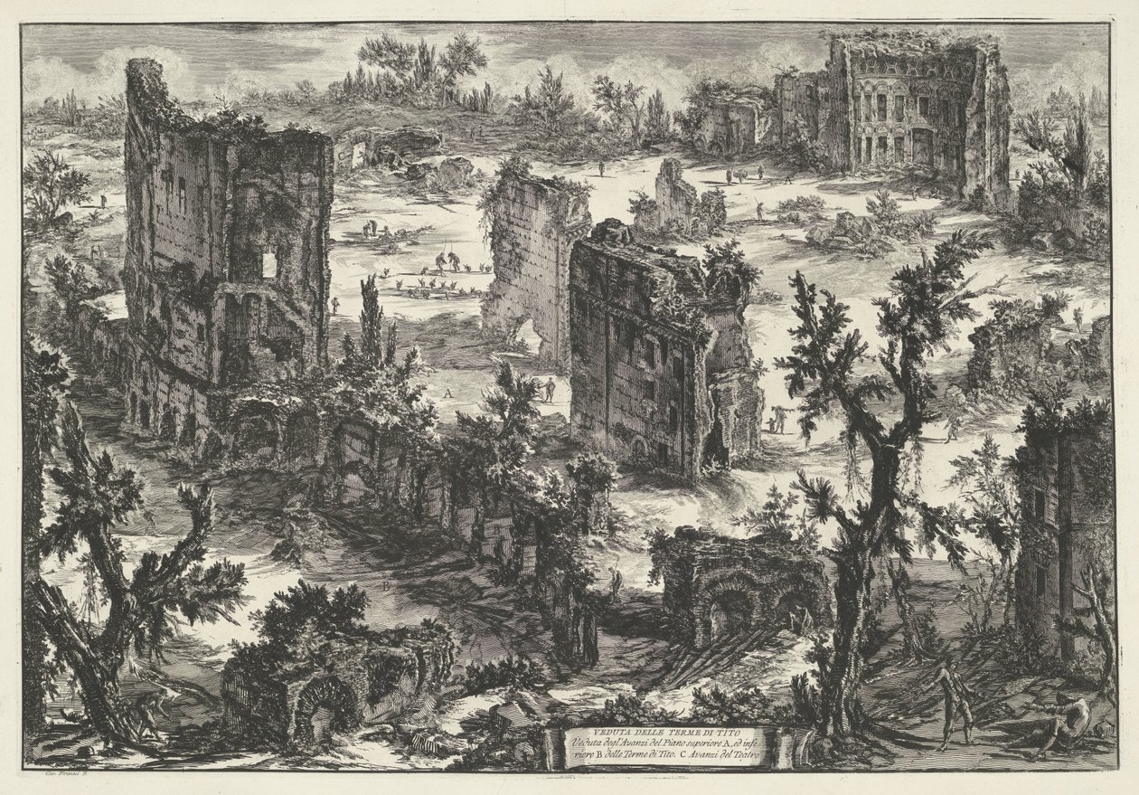 Thermen van Trajanus te Rome منظر من حمامات تيتوس (...) (العنوان على الكائن) Gezichten op Rome (عنوان المسلسل) مناظر لروما رسمها ونقشها المهندس المعماري جيامباتيستا بيرانيزي Ve (nez) iano (عنوان السلسلة) بواسطة جيوفاني باتيستا بيرانيسي