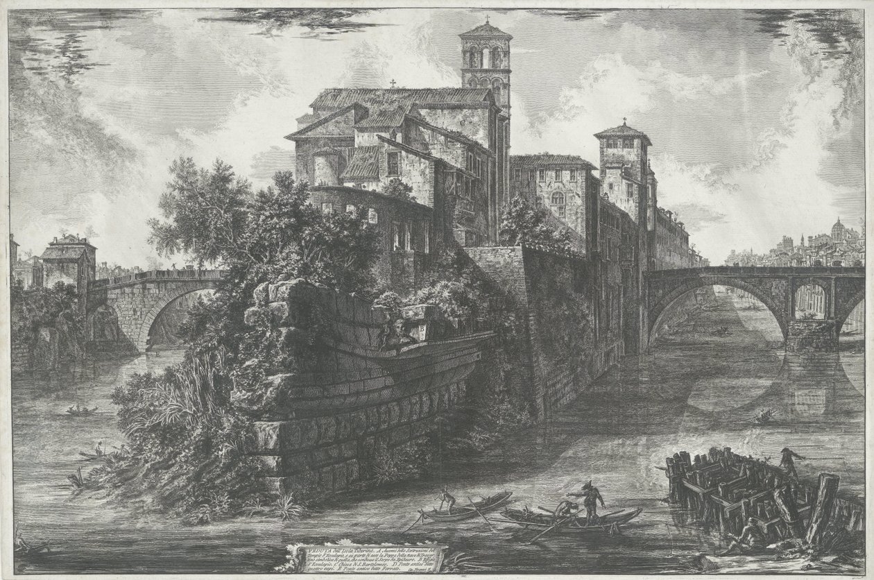 تيبيرييلاند تي روما منظر لجزيرة التيبر (العنوان على الكائن) Gezichten op Rome (عنوان المسلسل) مناظر لروما رسمها ونقشها المهندس المعماري جيامباتيستا بيرانيزي Ve (nez) iano (عنوان السلسلة) بواسطة جيوفاني باتيستا بيرانيسي