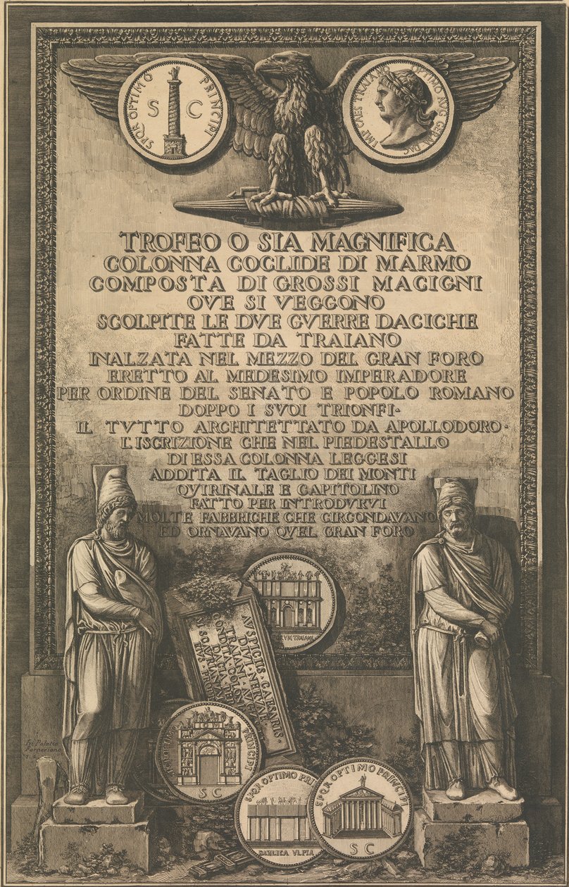 صفحة عنوان بها نسر ، عملة معدنية تظهر صورة عمود تراجان ، منحوتات كلاسيكية ، 1774-1779. بواسطة جيوفاني باتيستا بيرانيسي