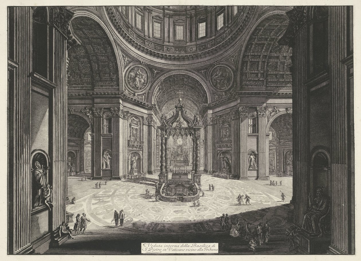 Transept van de Sint-Pietersbasiliek te Vaticaanstad منظر داخلي لكاتدرائية القديس بطرس في الفاتيكان بالقرب من Tribuna (العنوان على الكائن) Gezichten op Rome (عنوان المسلسل) مناظر لروما رسمها ونقشها المهندس المعماري جيامباتيستا بيرانيزي Ve ( بواسطة جيوفاني باتيستا بيرانيسي
