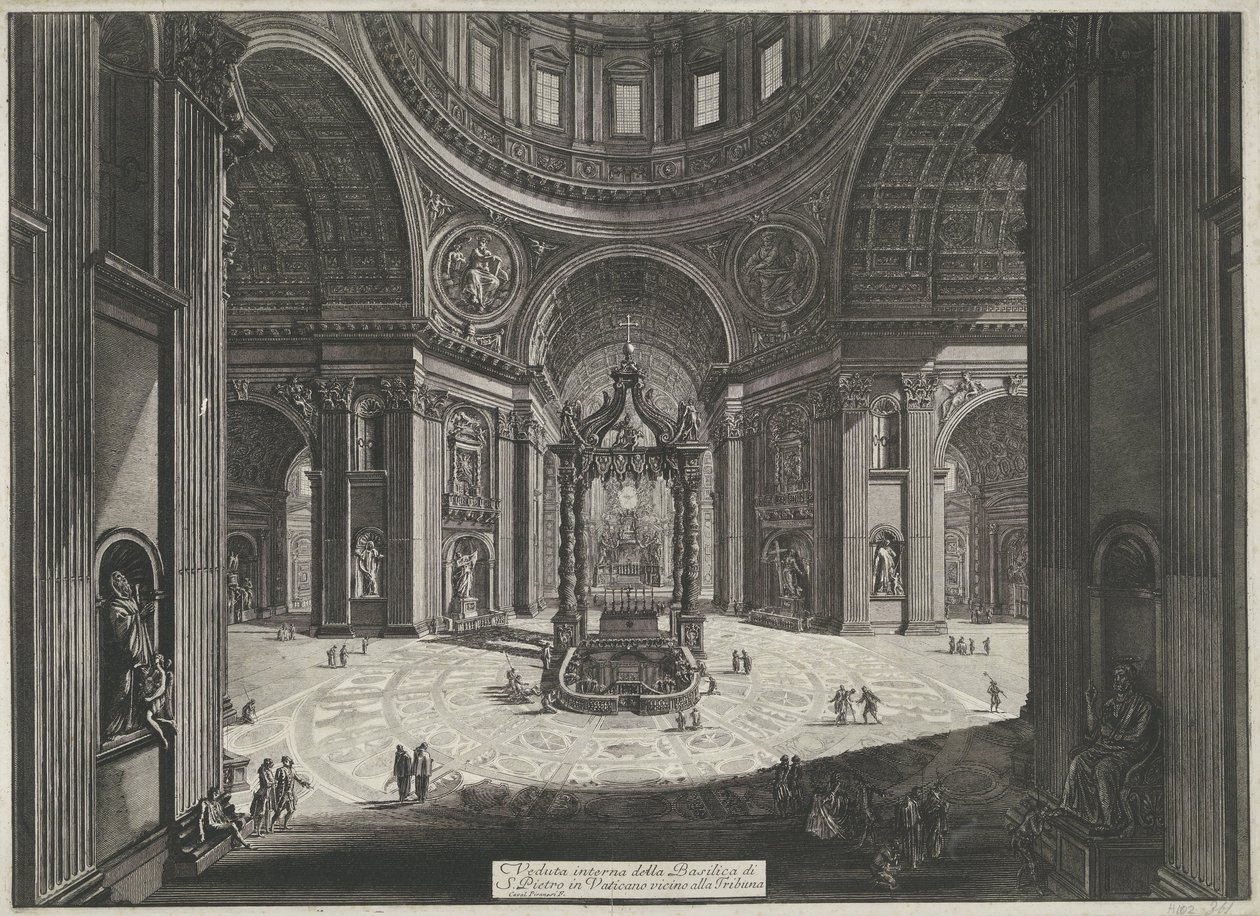 Transept van de Sint-Pietersbasiliek te Vaticaanstad منظر داخلي لكاتدرائية القديس بطرس في الفاتيكان بالقرب من Tribuna (العنوان على الكائن) Gezichten op Rome (عنوان المسلسل) مناظر لروما رسمها ونقشها المهندس المعماري جيامباتيستا بيرانيزي Ve ( بواسطة جيوفاني باتيستا بيرانيسي