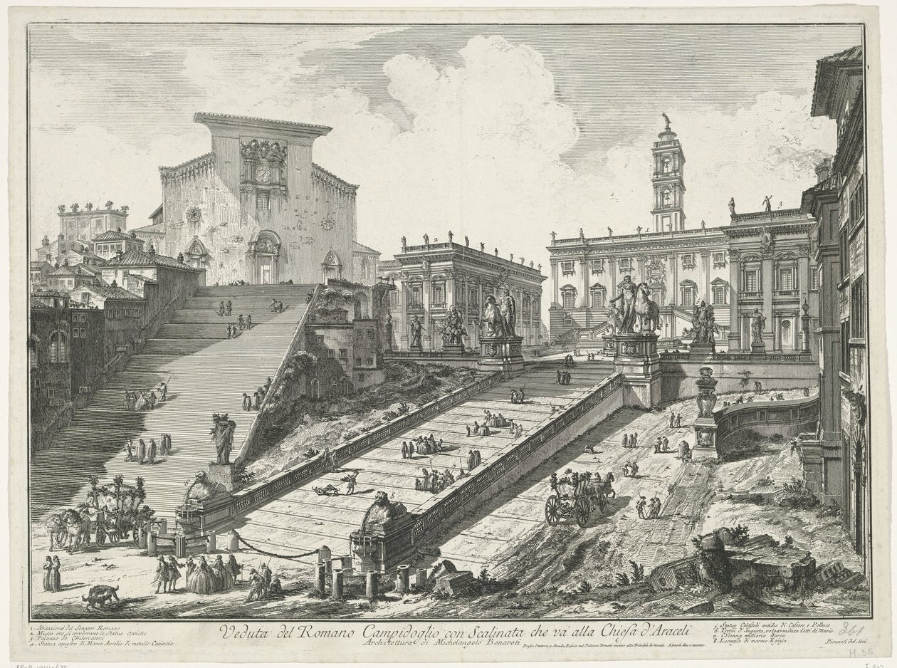 Trappen naar Piazza del Campidoglio en de Santa Maria in Aracoeli te Rome منظر لمبنى الكابيتول الروماني مع درج يؤدي إلى كنيسة أراسيلي (العنوان على القطعة) Gezichten op Rome (عنوان المسلسل) مناظر لروما رسمها ونقشها جيامباتيستا بيرا بواسطة جيوفاني باتيستا بيرانيسي