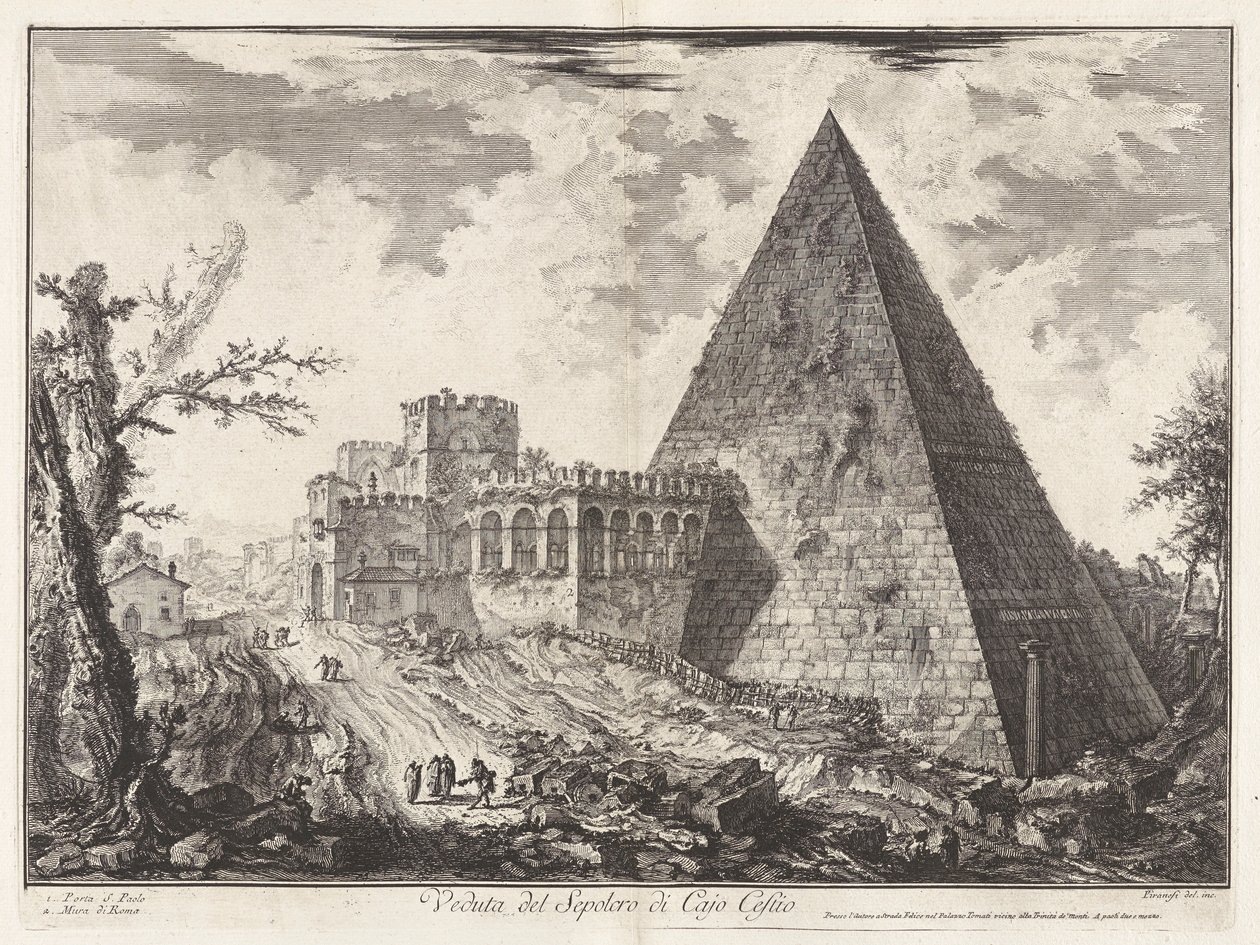 منظر لـ Sepolcro di Cajo Cestio (منظر للمقبرة الهرمية لـ Caius Cestius [مع Porta S. Paolo إلى اليسار]) ، من Vedute di Roma (مناظر من روما) بواسطة جيوفاني باتيستا بيرانيسي