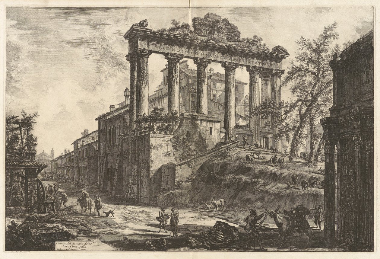 Veduta del Tempio detto della Concordia (منظر لما يسمى بمعبد كونكورد [معبد زحل مع قوس سيبتيموس سيفيروس في المقدمة اليمنى]) ، من فيديوت دي روما (مناظر لروما) بواسطة جيوفاني باتيستا بيرانيسي
