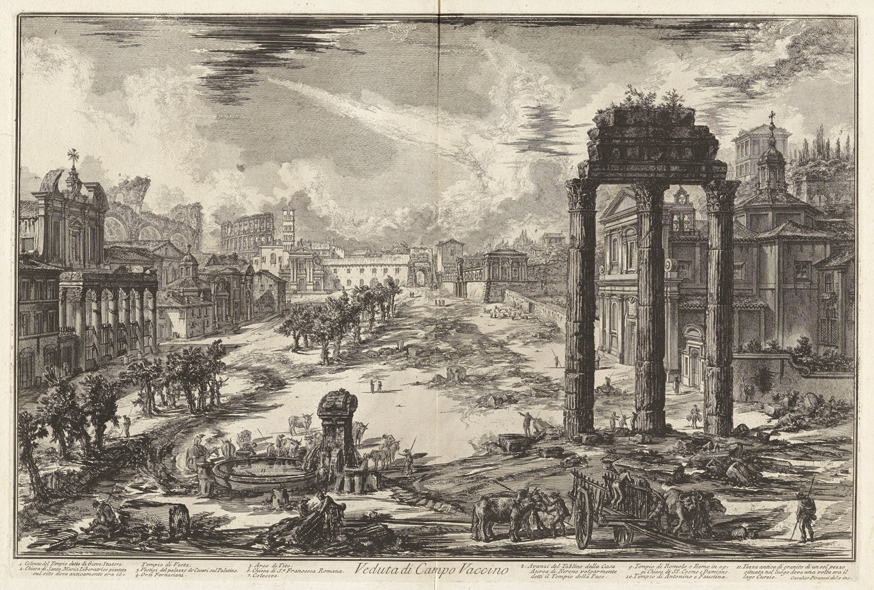 Veduta di Campo Vaccino (منظر لـ Campo Vaccino [المنتدى الروماني مع معبد Castor و Pollux إلى اليمين]) ، من Vedute di Roma (مناظر من روما) بواسطة جيوفاني باتيستا بيرانيسي