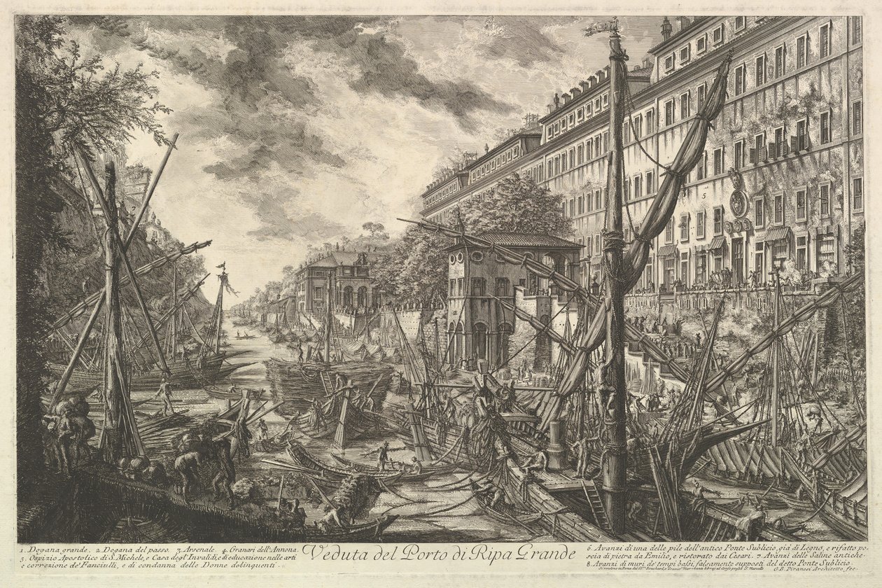 منظر لميناء ريبا غراندي ، من Vedute di Roma Roman Views ، ca. 1753. بواسطة جيوفاني باتيستا بيرانيسي