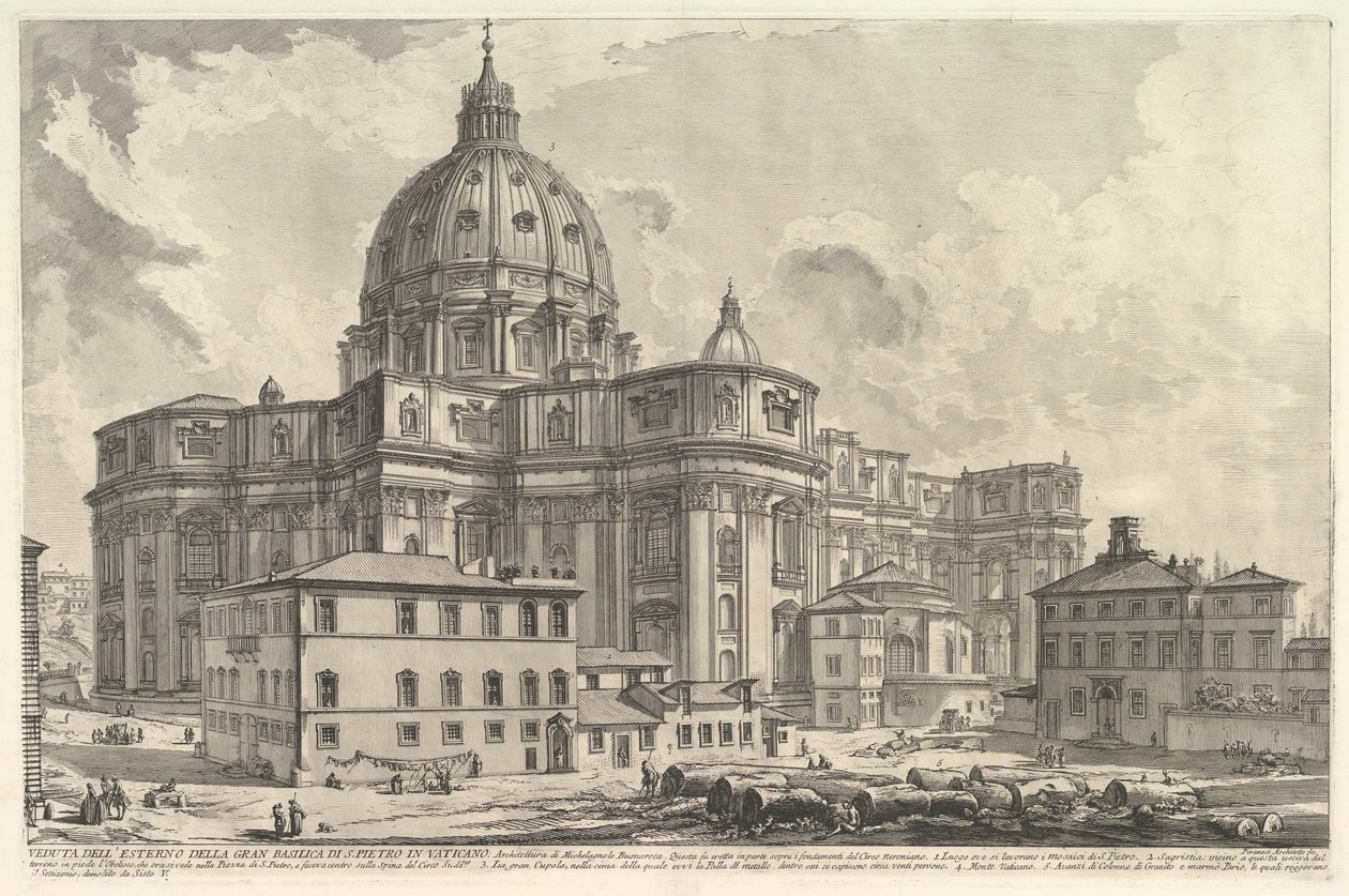 منظر للجزء الخارجي من كاتدرائية القديس بطرس في الفاتيكان ، من Vedute di Roma Roma ... ، كاليفورنيا. 1748. بواسطة جيوفاني باتيستا بيرانيسي