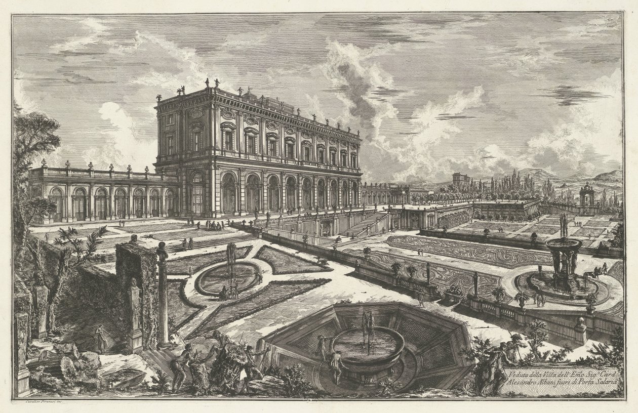 Villa Albani te Rome منظر لبطاقة Villa dell'Emo Sig.n Alesandro Albani خارج Porta Salaria (العنوان على الكائن) Gezichten op Rome (عنوان السلسلة) مناظر لروما مرسومة ونقشة بواسطة المهندس المعماري Giambattista Piranesi Ve (nez) iano (سلسلة عنوان) بواسطة جيوفاني باتيستا بيرانيسي