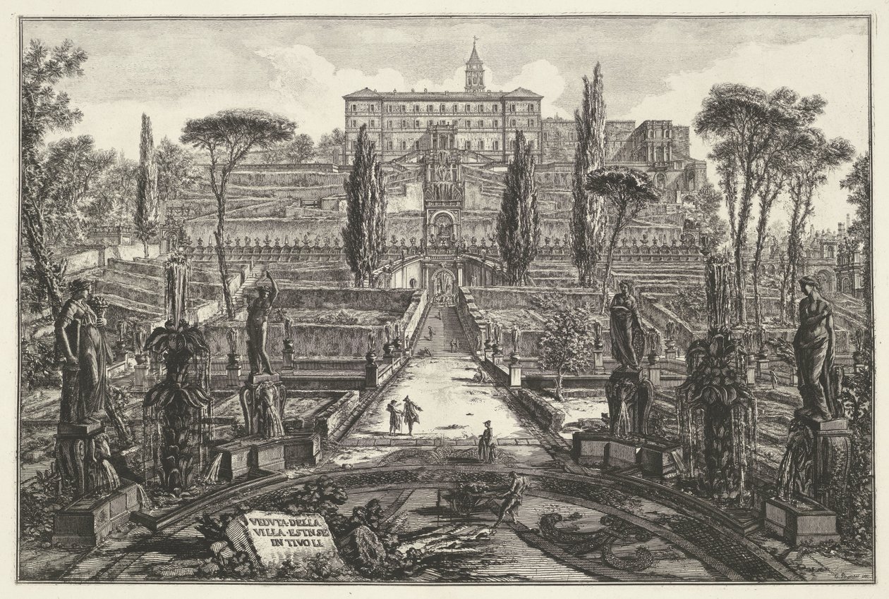 فيلا ديستي في تيفولي منظر لفيلا إستنس في تيفولي (العنوان على الكائن) Gezichten op Rome (عنوان المسلسل) مناظر لروما رسمها ونقشها المهندس المعماري جيامباتيستا بيرانيزي Ve (nez) iano (عنوان السلسلة) بواسطة جيوفاني باتيستا بيرانيسي
