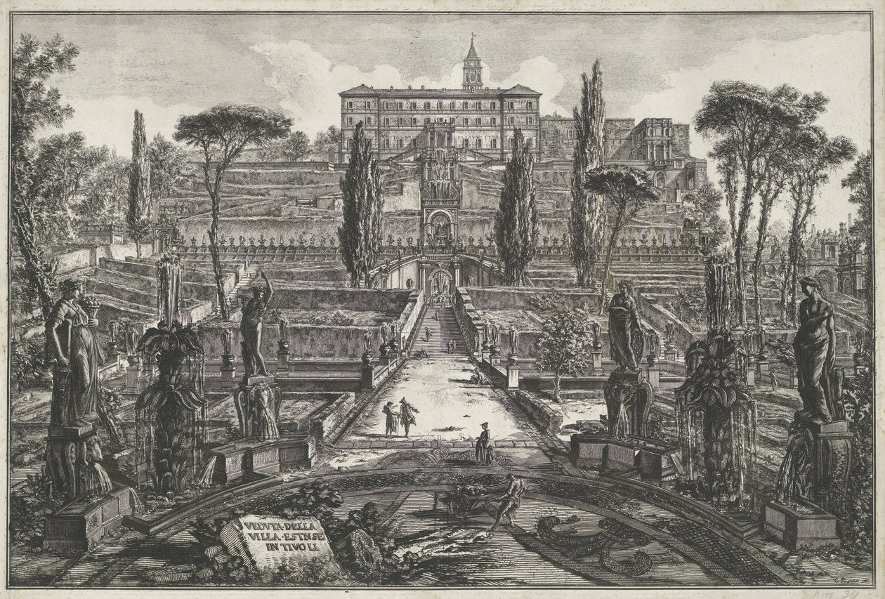 فيلا ديستي في تيفولي منظر لفيلا إستنس في تيفولي (العنوان على الكائن) Gezichten op Rome (عنوان المسلسل) مناظر لروما رسمها ونقشها المهندس المعماري جيامباتيستا بيرانيزي Ve (nez) iano (عنوان السلسلة) بواسطة جيوفاني باتيستا بيرانيسي