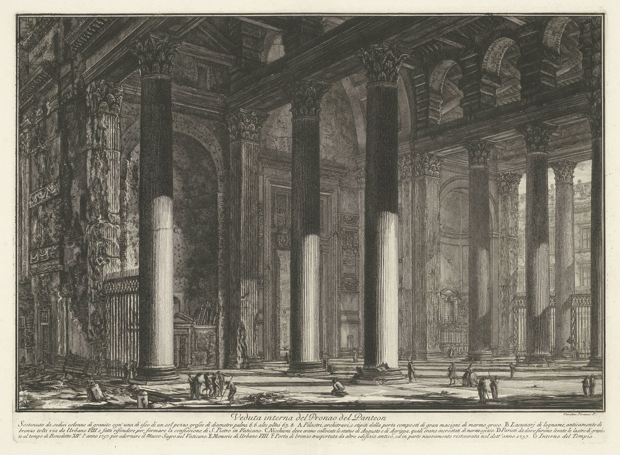 فوربورتال فان هيت بانثيون تي روما منظر داخلي لـ Pronaos of the Pantheon (العنوان على الكائن) Gezichten op Rome (عنوان المسلسل) مناظر لروما رسمها ونقشها المهندس المعماري جيامباتيستا بيرانيزي Ve (nez) iano (عنوان السلسلة) بواسطة جيوفاني باتيستا بيرانيسي
