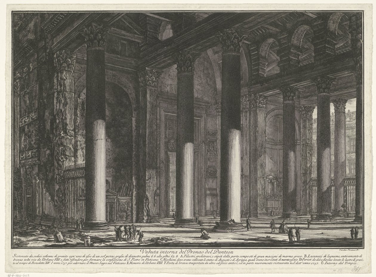 فوربورتال فان هيت بانثيون تي روما منظر داخلي لـ Pronaos of the Pantheon (العنوان على الكائن) Gezichten op Rome (عنوان المسلسل) مناظر لروما رسمها ونقشها المهندس المعماري جيامباتيستا بيرانيزي Ve (nez) iano (عنوان السلسلة) بواسطة جيوفاني باتيستا بيرانيسي