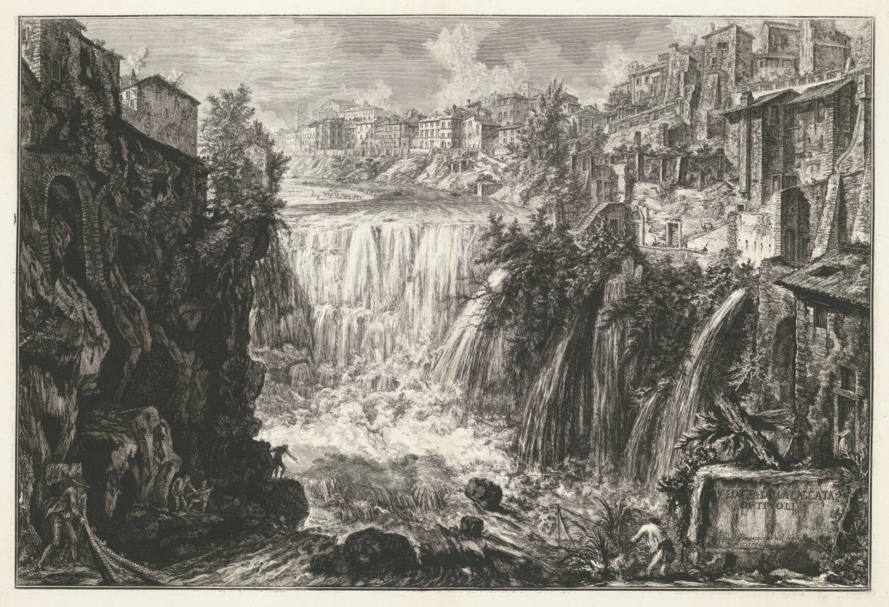 Waterval في تيفولي منظر لشلال تيفولي (العنوان على الجسم) Gezichten op Rome (عنوان المسلسل) مناظر لروما رسمها ونقشها المهندس المعماري جيامباتيستا بيرانيزي Ve (nez) iano (عنوان السلسلة) بواسطة جيوفاني باتيستا بيرانيسي