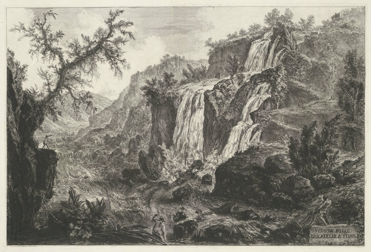 Watervallen te Tivoli منظر للشلالات في تيفولي (العنوان على الجسم) Gezichten op Rome (عنوان المسلسل) مناظر لروما رسمها ونقشها المهندس المعماري جيامباتيستا بيرانيزي Ve (nez) iano (عنوان السلسلة) بواسطة جيوفاني باتيستا بيرانيسي
