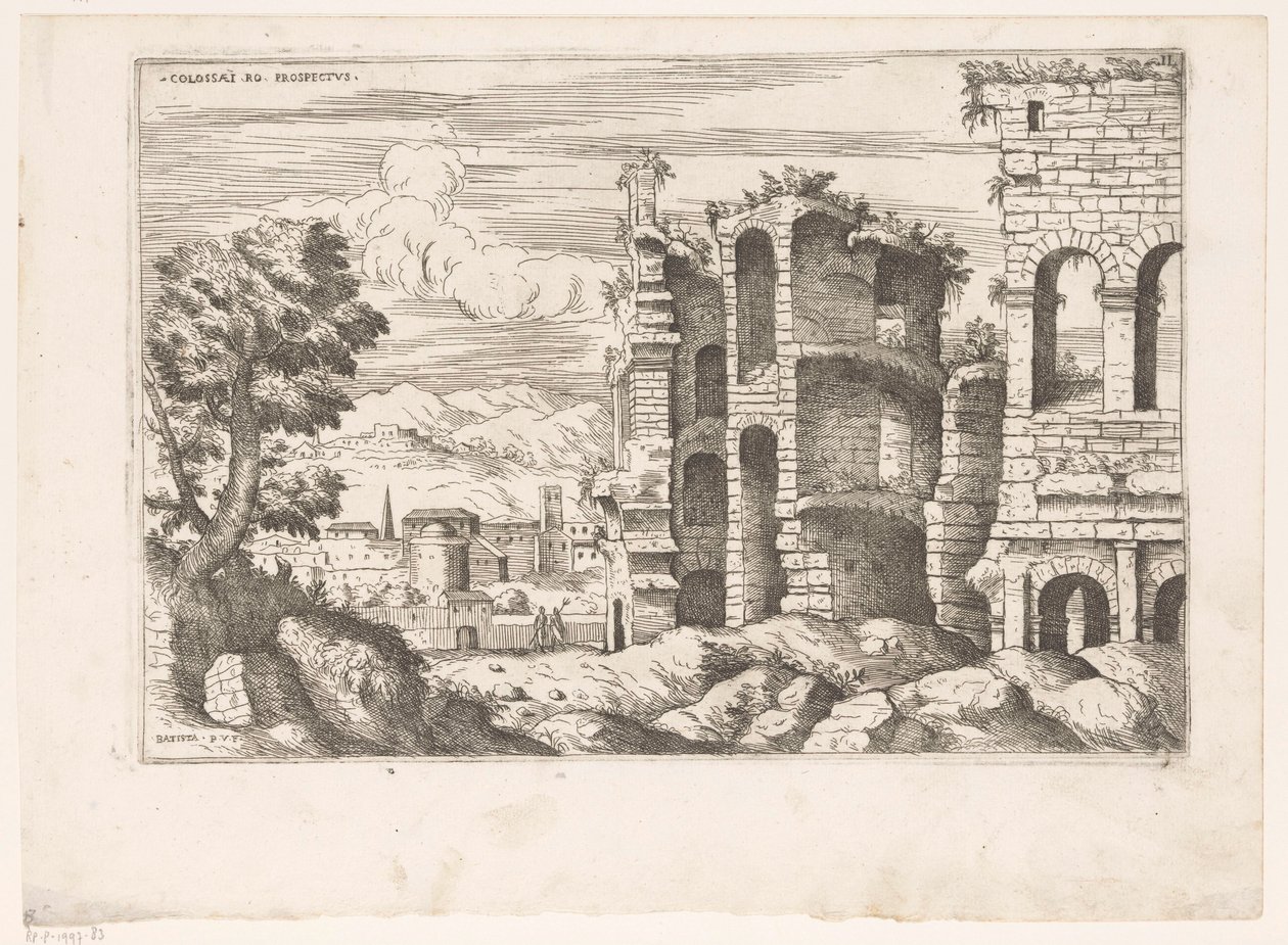 Gezicht op het Colosseum en omgeving te Rome نشرة Colosseum ro (العنوان على الكائن) الآثار الرومانية (عنوان المسلسل) بعض الآثار الهامة في العصور الرومانية (...) (عنوان السلسلة) بواسطة جيوفاني باتيستا بيتوني (الأول)