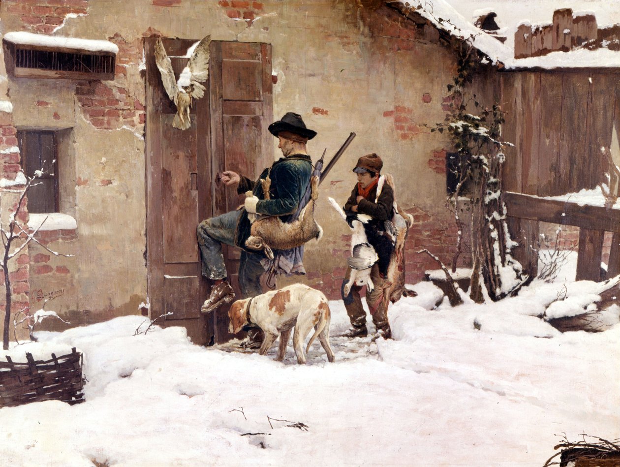 العودة من الصيد. اللوحة بواسطة G.Quadrone. 1890 ميلانو بواسطة جيوفاني باتيستا كوادرون