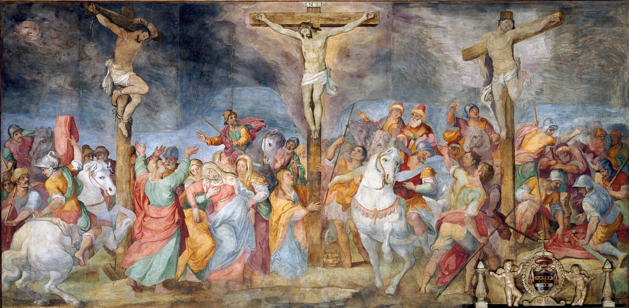 نقش صلب إينري (INRI) على الصليب. على الجانبين ، يمثل اللص الصالح (ويسمى أيضًا القديس ديماس (أو ديماس ، ديماس ، دوماس) واللص السيئ (جيسماس أو جستاس) ، لصان مصلوبان مع يسوع المسيح. فريسكو بقلم جيوفاني بي بواسطة جيوفاني باتيستا ريتشي