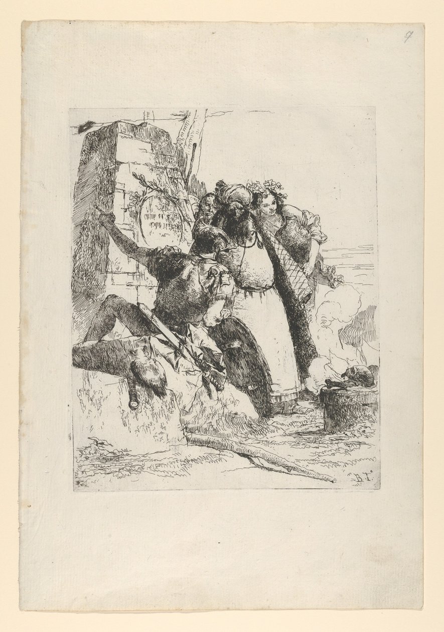 ساحر وجندي وثلاث شخصيات يشاهدون جمجمة محترقة من شيرزي د ... ، كاليفورنيا. 1743-50. بواسطة جيوفاني باتيستا تيبولو
