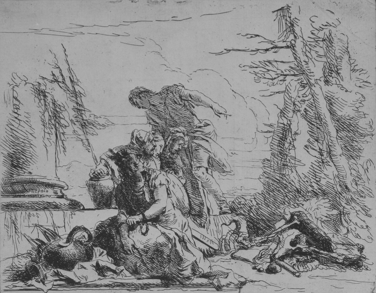 امرأة بالسلاسل وشخصيات أخرى بخصوص محرقة العظام ، من Capricci ، 1743. بواسطة جيوفاني باتيستا تيبولو