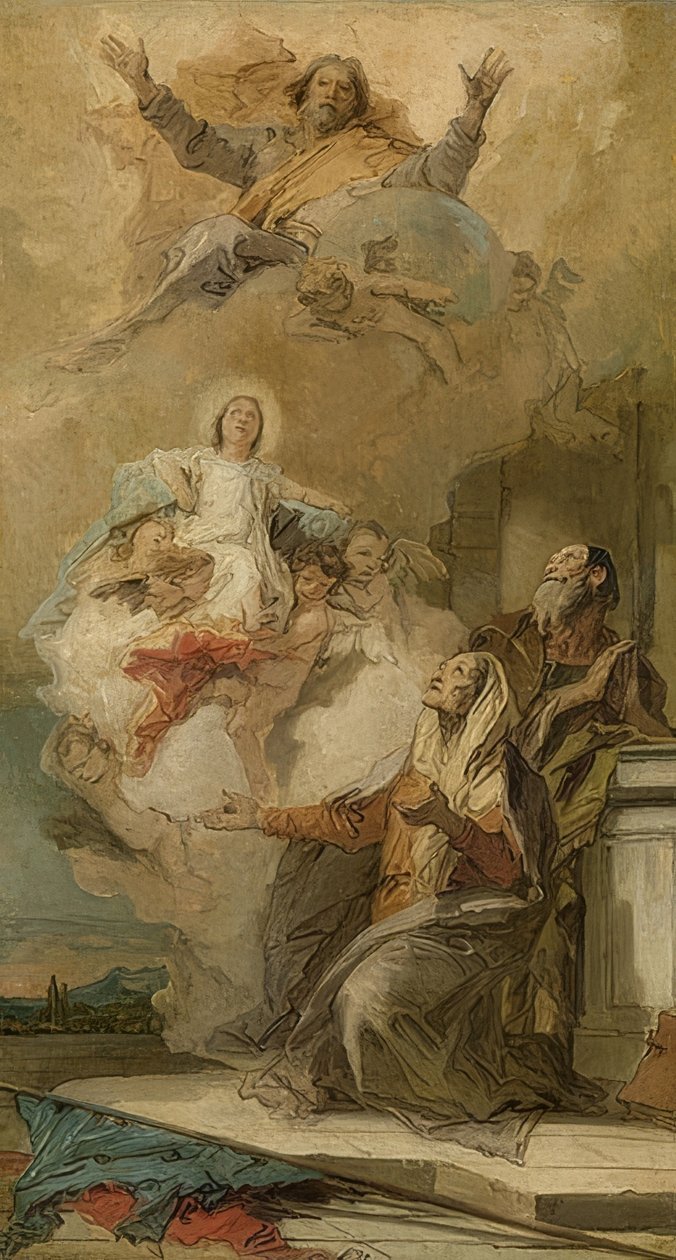 الحبل بلا دنس (يواكيم وآنا يستقبلان ماريا من الله). حوالي 1757-59 بواسطة جيوفاني باتيستا تيبولو
