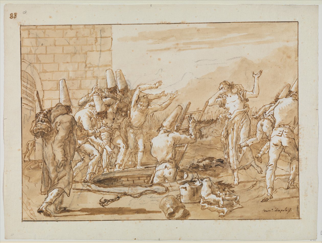 Punchinello استرجاع الطيور الميتة من البئر ، c.1800 بواسطة جيوفاني باتيستا تيبولو