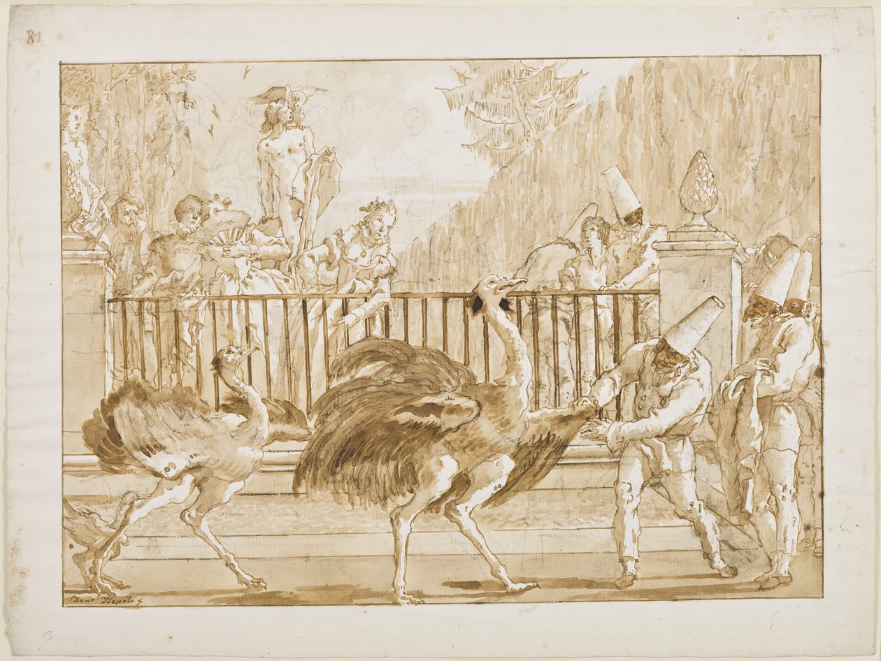 Punchinello مع النعام ، c.1800 (قلم وحبر بني فاتح (من المحتمل لمعان) وغسل الفرشاة فوق الطباشير الأسود على ورق مسدود) بواسطة جيوفاني باتيستا تيبولو