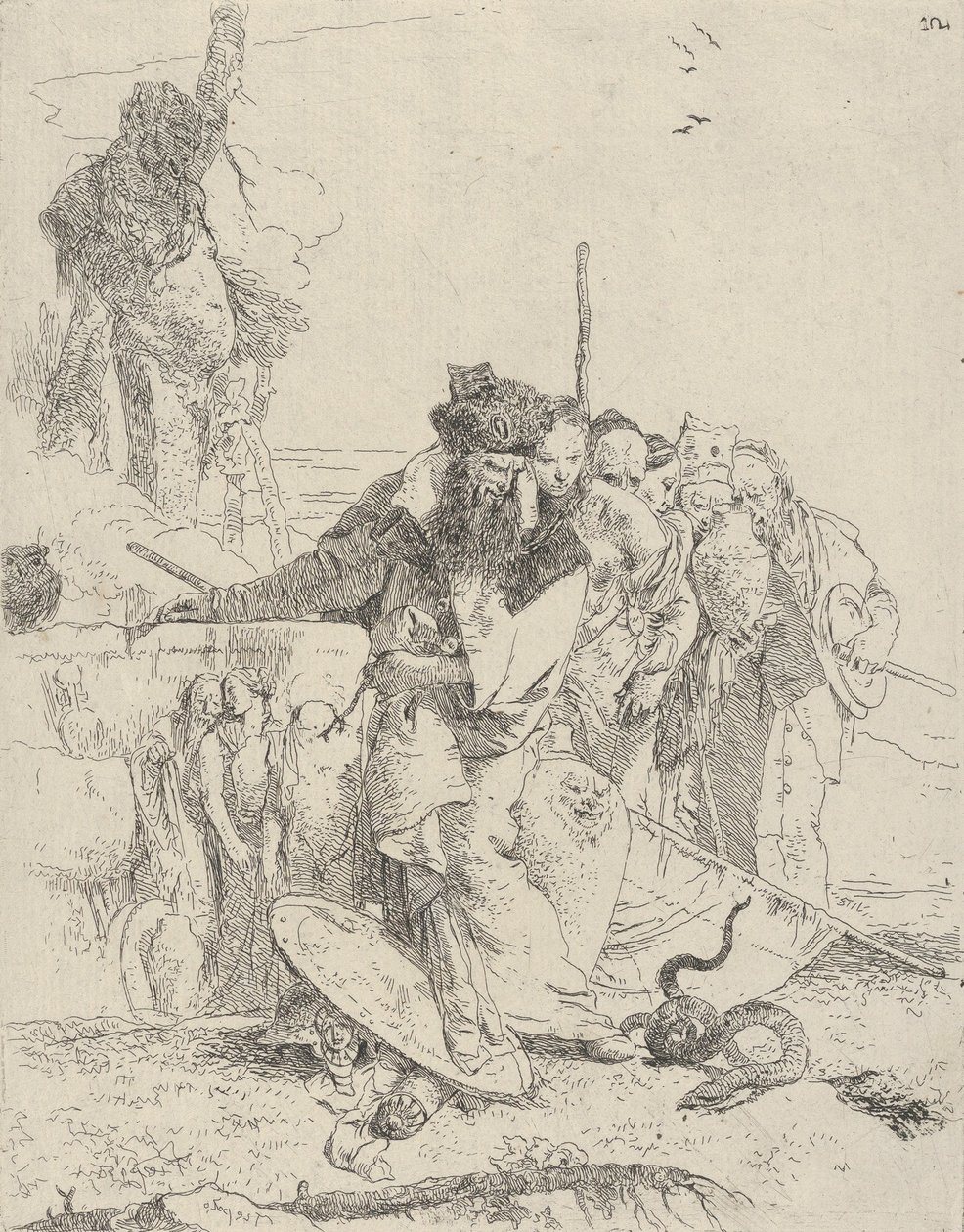 ستة أشخاص يشاهدون ثعبانًا ، من منطقة شيرزي ، كاليفورنيا. 1743-50. بواسطة جيوفاني باتيستا تيبولو