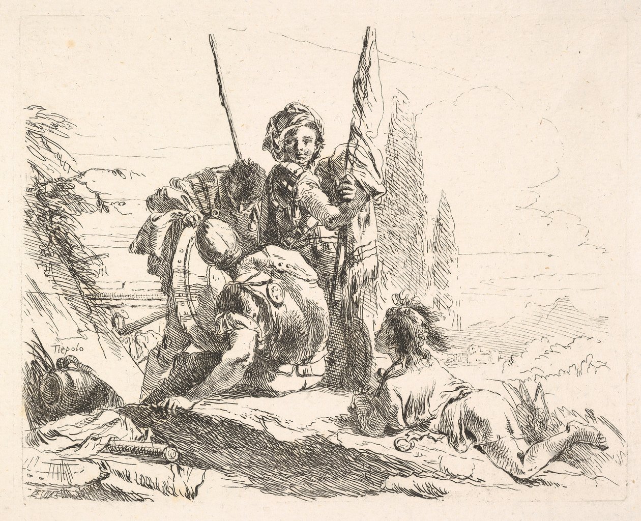 ثلاثة جنود وشاب ملقى على بطنه في منظر طبيعي ، يحمل الجنود ... ، كاليفورنيا. 1740-42. بواسطة جيوفاني باتيستا تيبولو