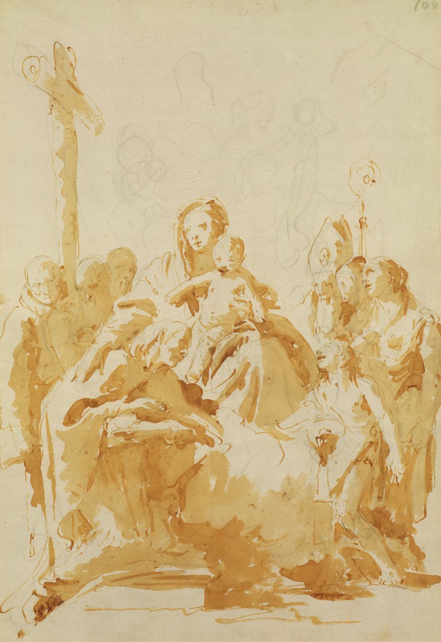 عذراء وطفل يعشقهما الأساقفة والرهبان والنساء ، 1735-40 (قلم وحبر بني مع غسل بني فوق الطباشير الأسود على ورق مضغوط) بواسطة جيوفاني باتيستا تيبولو