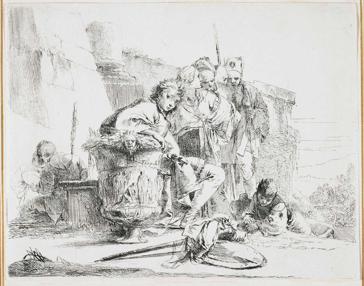 شاب جالس ، متكئ على جرة ، طبق من فاري كابريتشي (كابريس مختلف) ، 1740 بواسطة جيوفاني باتيستا تيبولو
