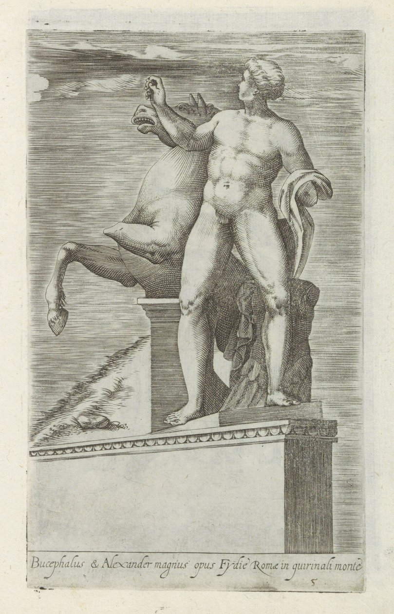 Sculptuur van een van de Dioscuren op het Quirinaal te Rome عمل Bucephalus والكسندر العظيم (...) (العنوان على الكائن) المنحوتات العتيقة في روما (عنوان السلسلة) أيقونات التماثيل القديمة لمدينة روما والتي تظهر في الأماكن العامة (عنوان السلسلة) بواسطة جيوفاني باتيستا دي كافالييري