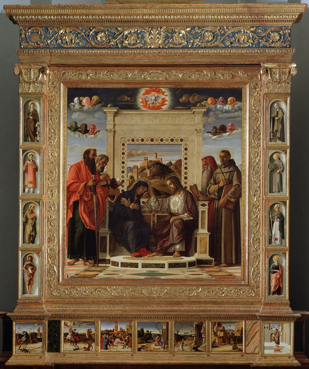 Altarpiece Bellini: الجزء المركزي "" تتويج العذراء بين القديس بطرس والقديس بول (يسار) والقديس جيروم والقديس فرانسوا الأسيزي (يمين) "لوحة زيتية وريمب لجيوفاني بيليني (حوالي 1432-1516) قال إيل جيامبيلينو. 1475 تقريبًا سو بواسطة جيوفاني بيليني