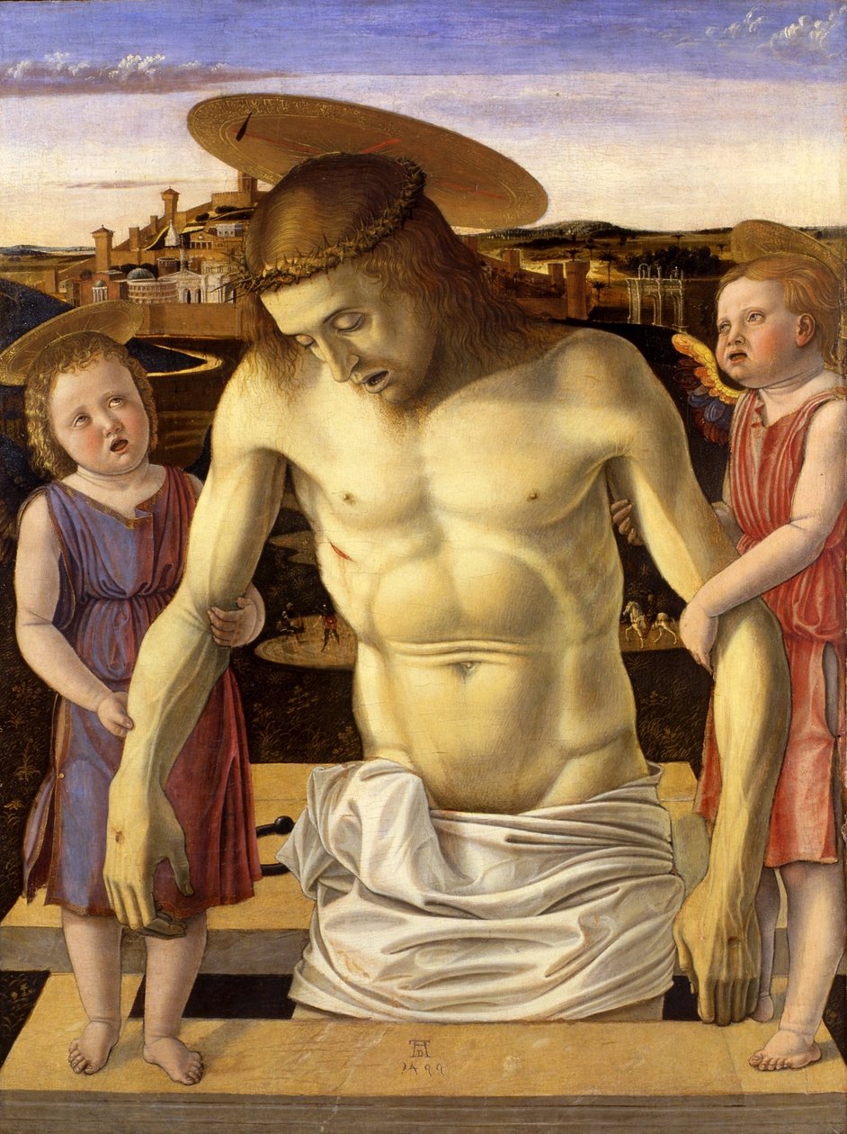 بالإيطالية  Cristo morto sorretto da due angeli المسيح الميت يدعمه ملاكين بواسطة جيوفاني بيليني