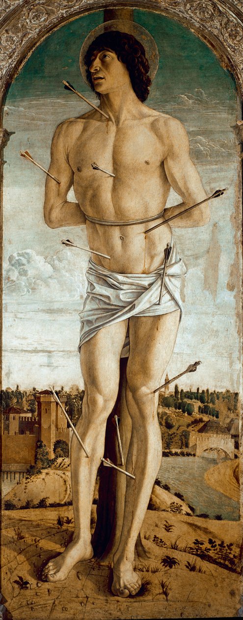 Polyptych of Saint Vincent Ferrier: Saint Sebastian (Polyptych of St Vincent Ferrer: St Sebastian) لوحة بقلم Giovanni Bellini dit il Giambellino (حوالي 1432-1516) 1464-1468 Dim 167x67 cm كنيسة سانتي جيوفاني إي باولو في البندقية بواسطة جيوفاني بيليني