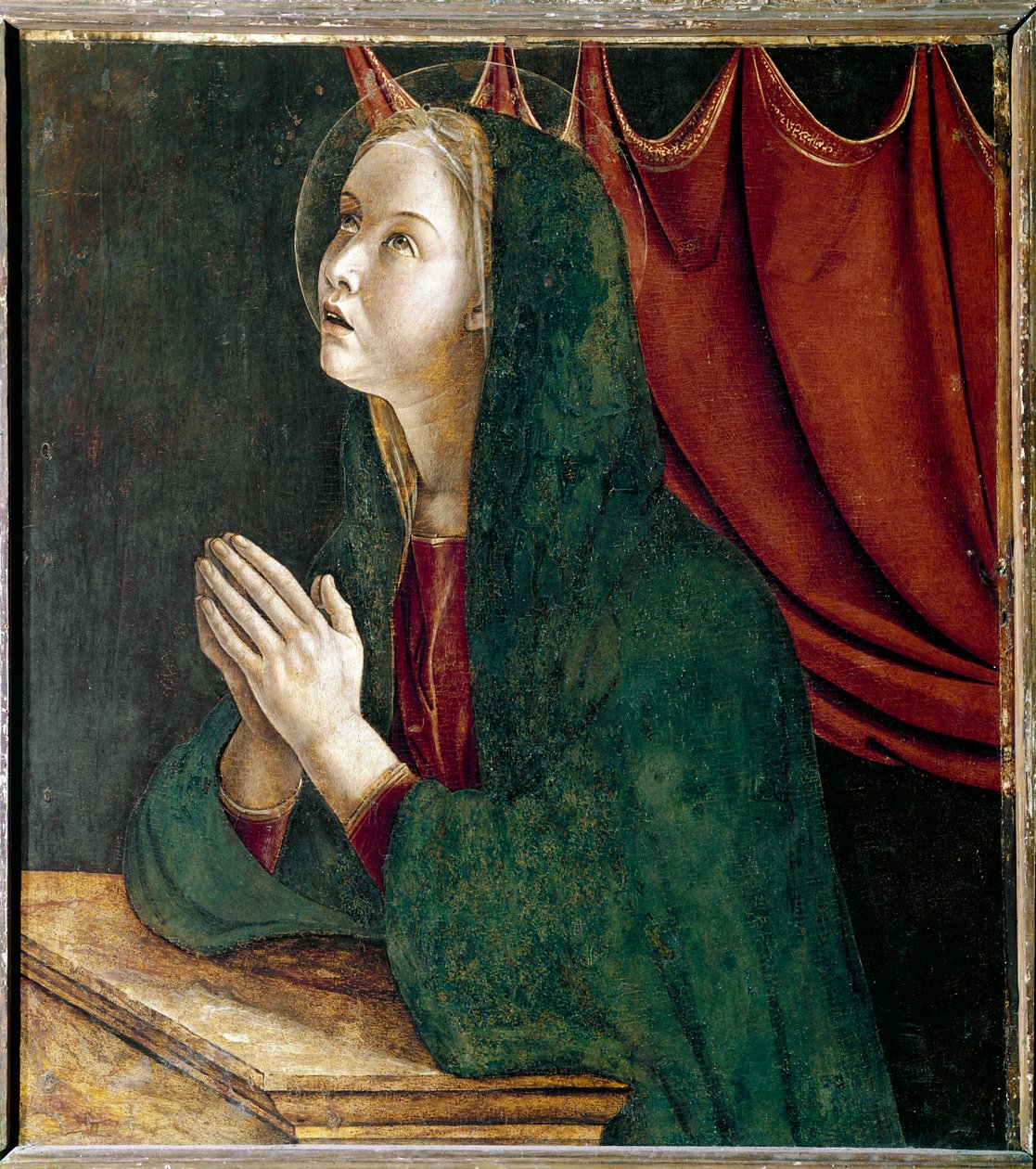 Polyptych of Saint Vincent Ferrier: عذراء البشارة (Polyptych للقديس فنسنت فيرير: عذراء البشارة) لوحة لجيوفاني بيليني ديت إيل جيامبيلينو (حوالي 1432-1516) 1464-1468 قاتمة 72x67 سم كنيسة سانتي جيوفاني إي باولو في البندقية بواسطة جيوفاني بيليني