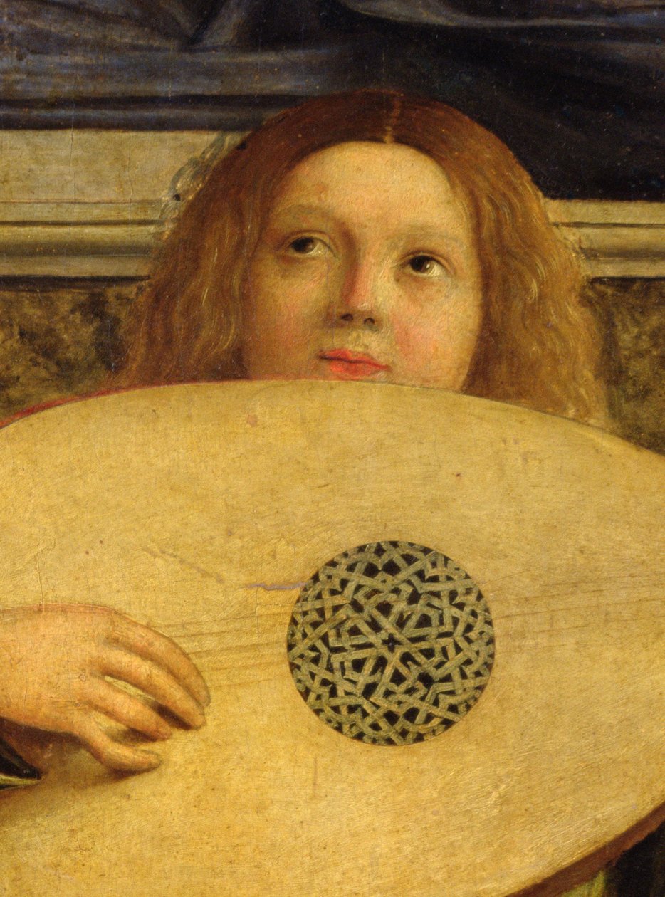 The San Giobbe Altarpiece ، تفاصيل موسيقى عزف الملاك ، c.1487 (زيت على لوحة) (تفاصيل 55433) بواسطة جيوفاني بيليني