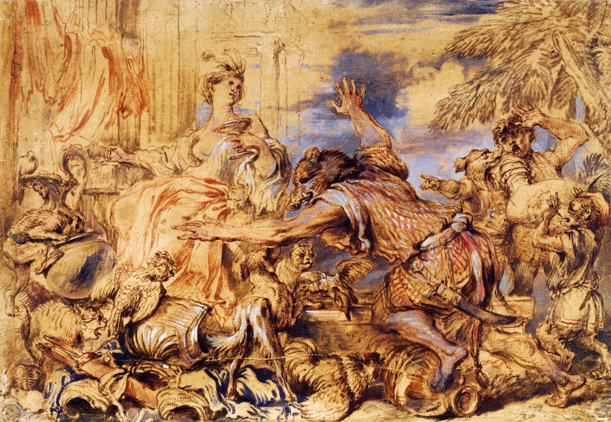 Circe changing companions of Ulysses into beasts بواسطة جيوفاني بينيديتو كاستيجليون