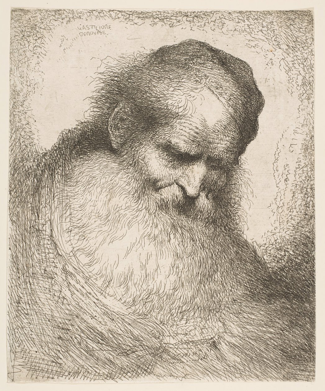 رجل ملتح يرتدي قبعة ينظر لأسفل إلى اليمين ، من سلسلة 'Heads in Or ...، ca. 1648-50. بواسطة جيوفاني بينيديتو كاستيجليون