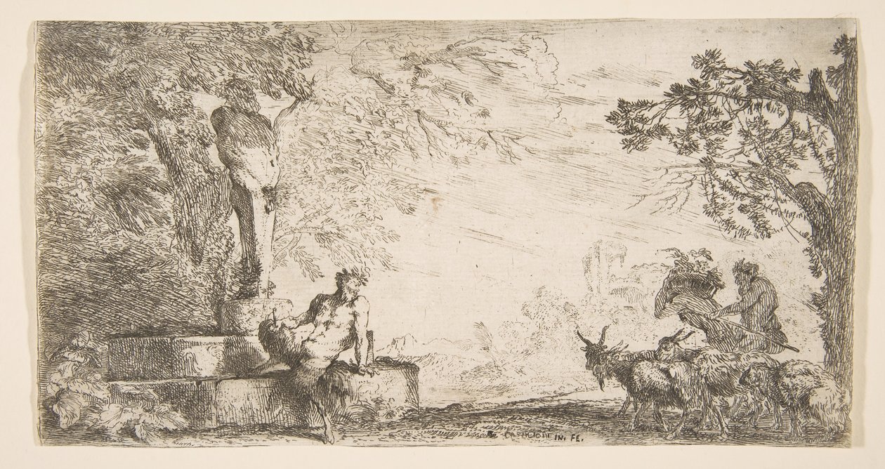 هشاشة مستلقية عند سفح دعامة بريابوس ، الماعز على اليمين ، كاليفورنيا. 1645-48. بواسطة جيوفاني بينيديتو كاستيجليون
