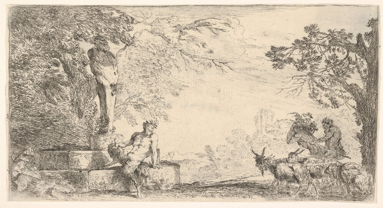 هشاشة مستلقية عند سفح دعامة بريابوس ، الماعز على اليمين ، كاليفورنيا. 1645-48. بواسطة جيوفاني بينيديتو كاستيجليون