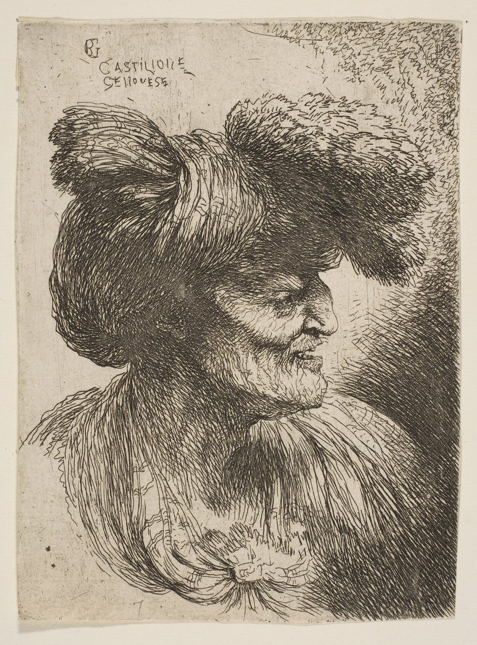 تمثال نصفي لرجل عجوز لا لحى في صورة جانبية تواجه اليمين ، من سلسلة Small Head ...، ca. 1645-1650. بواسطة جيوفاني بينيديتو كاستيجليون