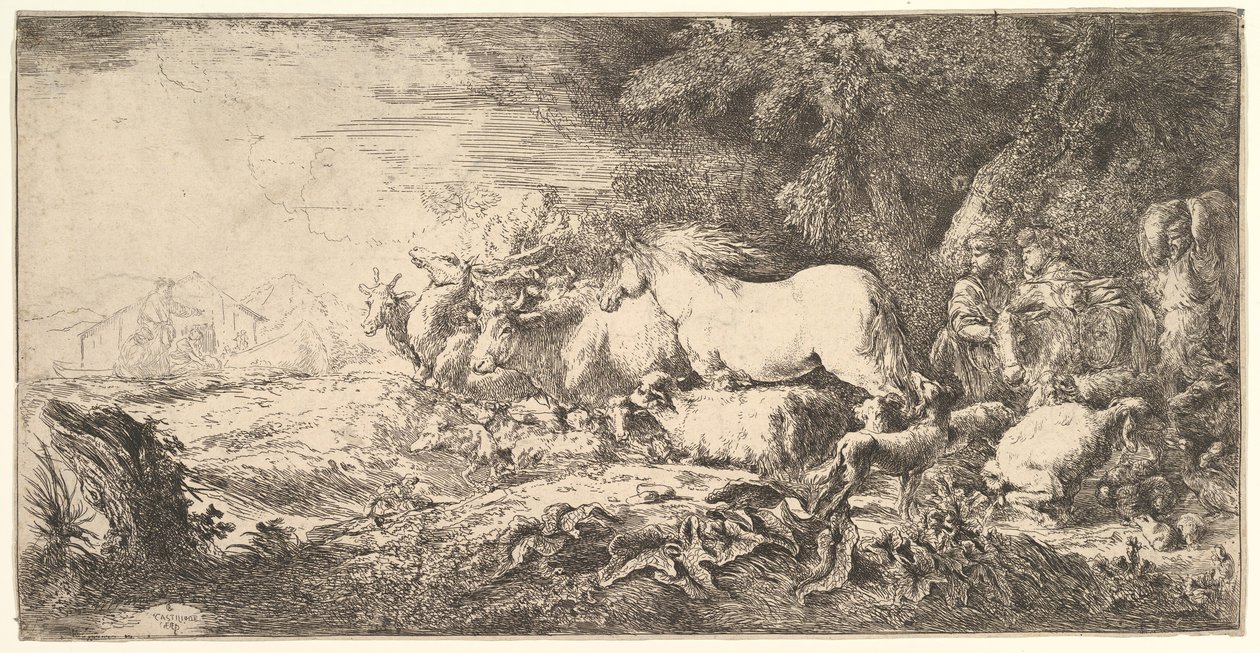دخول الحيوانات إلى سفينة نوح ، ثلاثة رجال يتبعون الرباعي والطيور stridin ... ، كاليفورنيا. 1650-55. بواسطة جيوفاني بينيديتو كاستيجليون