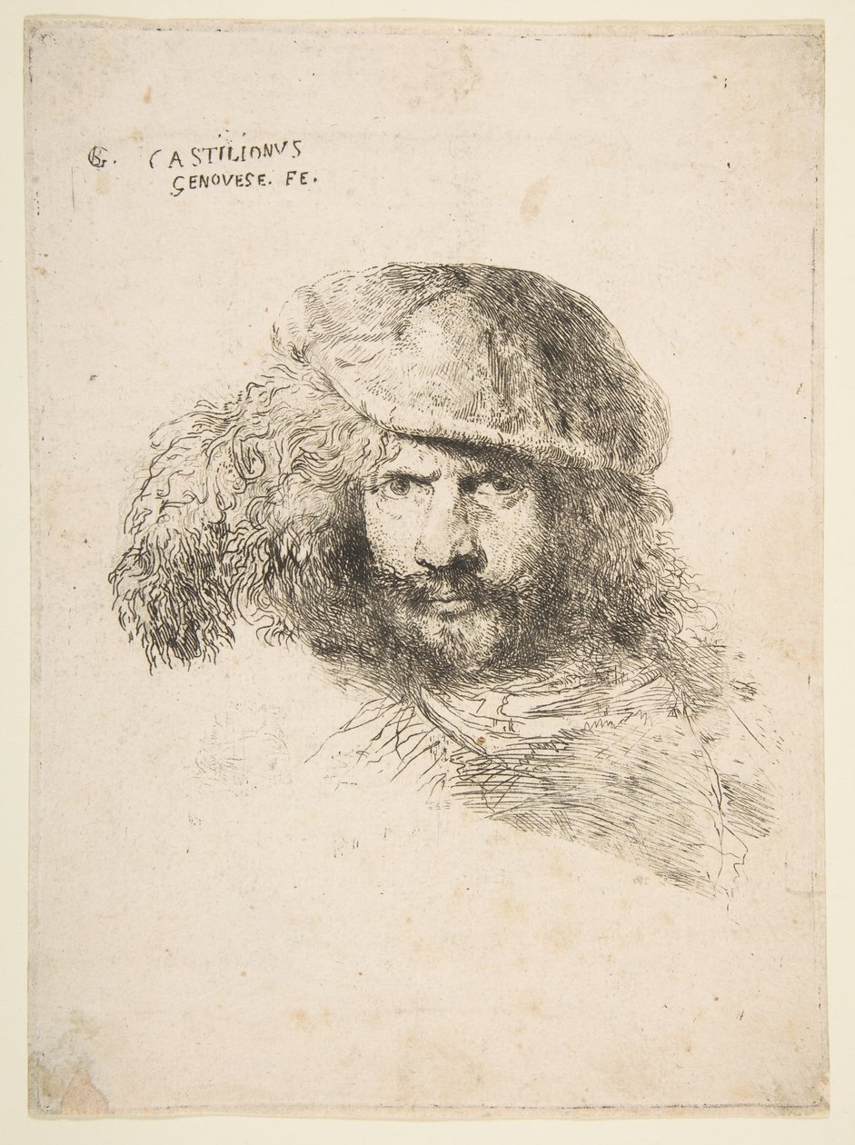 رأس رجل يرتدي قبعة ذات ريش ربما برنيني ، ربما صورة ذاتية ... ، كاليفورنيا. 1645-1650. بواسطة جيوفاني بينيديتو كاستيجليون